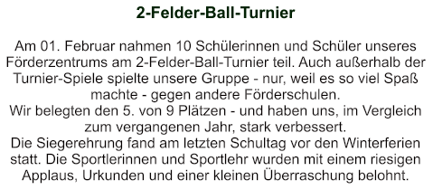 2-Felder-Ball-Turnier   Am 01. Februar nahmen 10 Schülerinnen und Schüler unseres Förderzentrums am 2-Felder-Ball-Turnier teil. Auch außerhalb der Turnier-Spiele spielte unsere Gruppe - nur, weil es so viel Spaß machte - gegen andere Förderschulen. Wir belegten den 5. von 9 Plätzen - und haben uns, im Vergleich zum vergangenen Jahr, stark verbessert. Die Siegerehrung fand am letzten Schultag vor den Winterferien statt. Die Sportlerinnen und Sportlehr wurden mit einem riesigen Applaus, Urkunden und einer kleinen Überraschung belohnt.